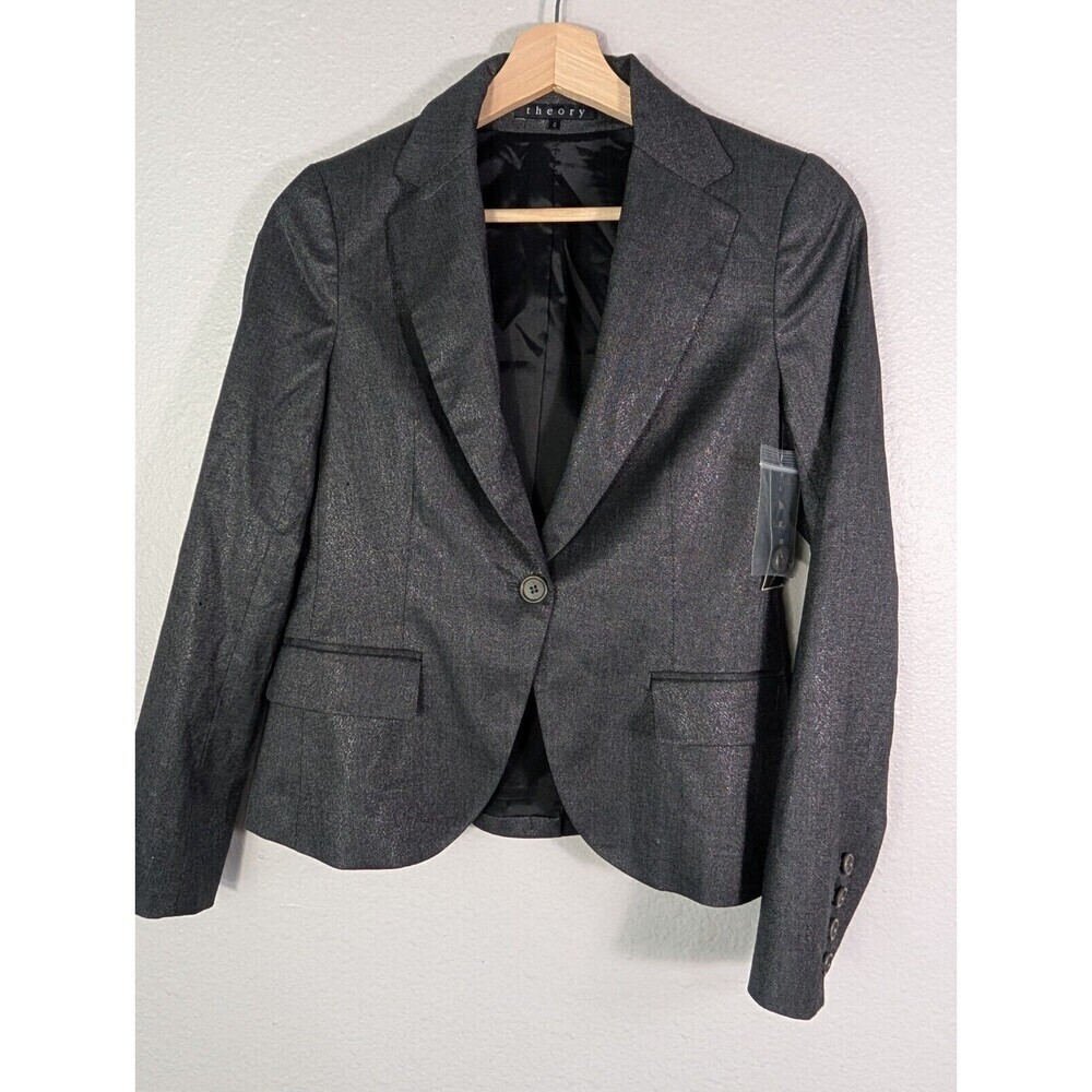 Theory Sz 0 Charcoal Metallic Collared One Button Wool Blend Blazer Jacket 112